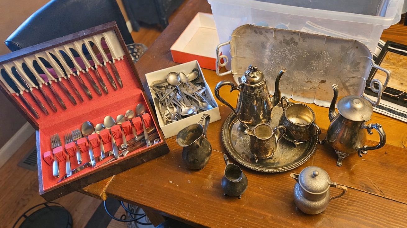 Vintage Silver Tea and Flatware Service Set – Antique Coffee & Tea Pots, Creamer, Sugar, Tray & Mixed Flatware Collection Image