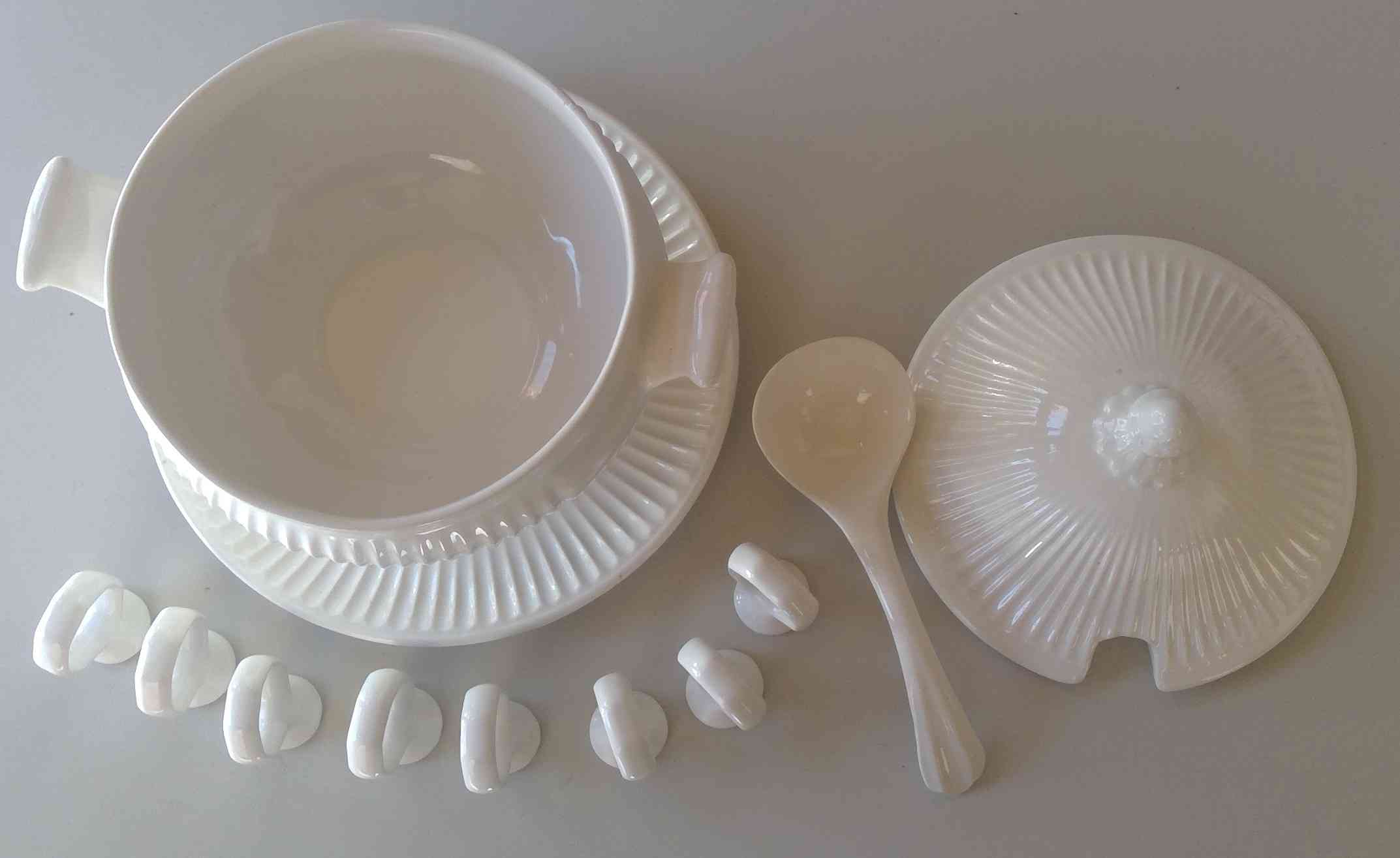 Vintage California Pottery White Soup Tureen Set – Complete with Lid, Ladle, and Napkin Rings Image