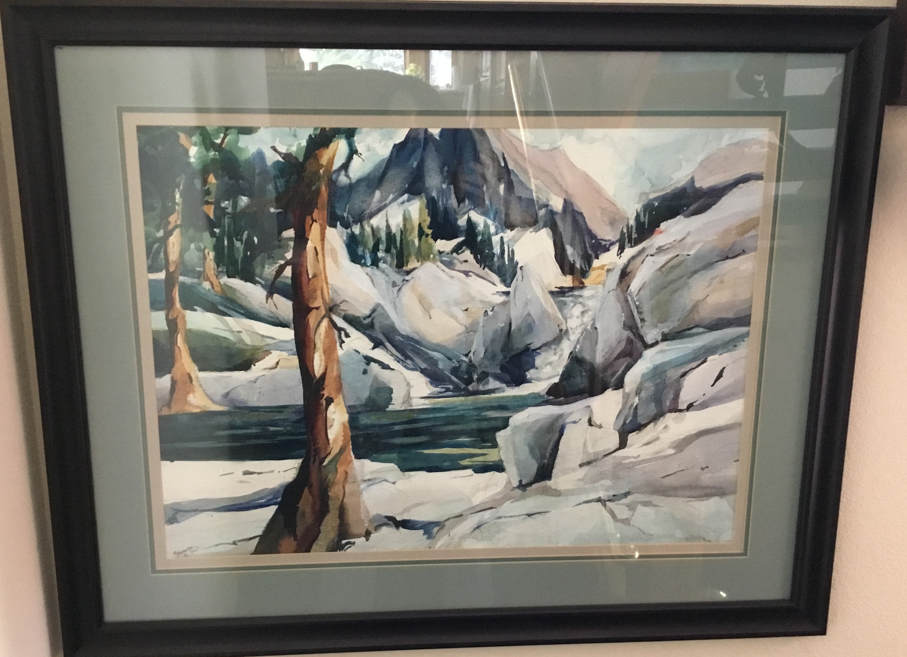 Framed Watercolor Mountain Landscape Image