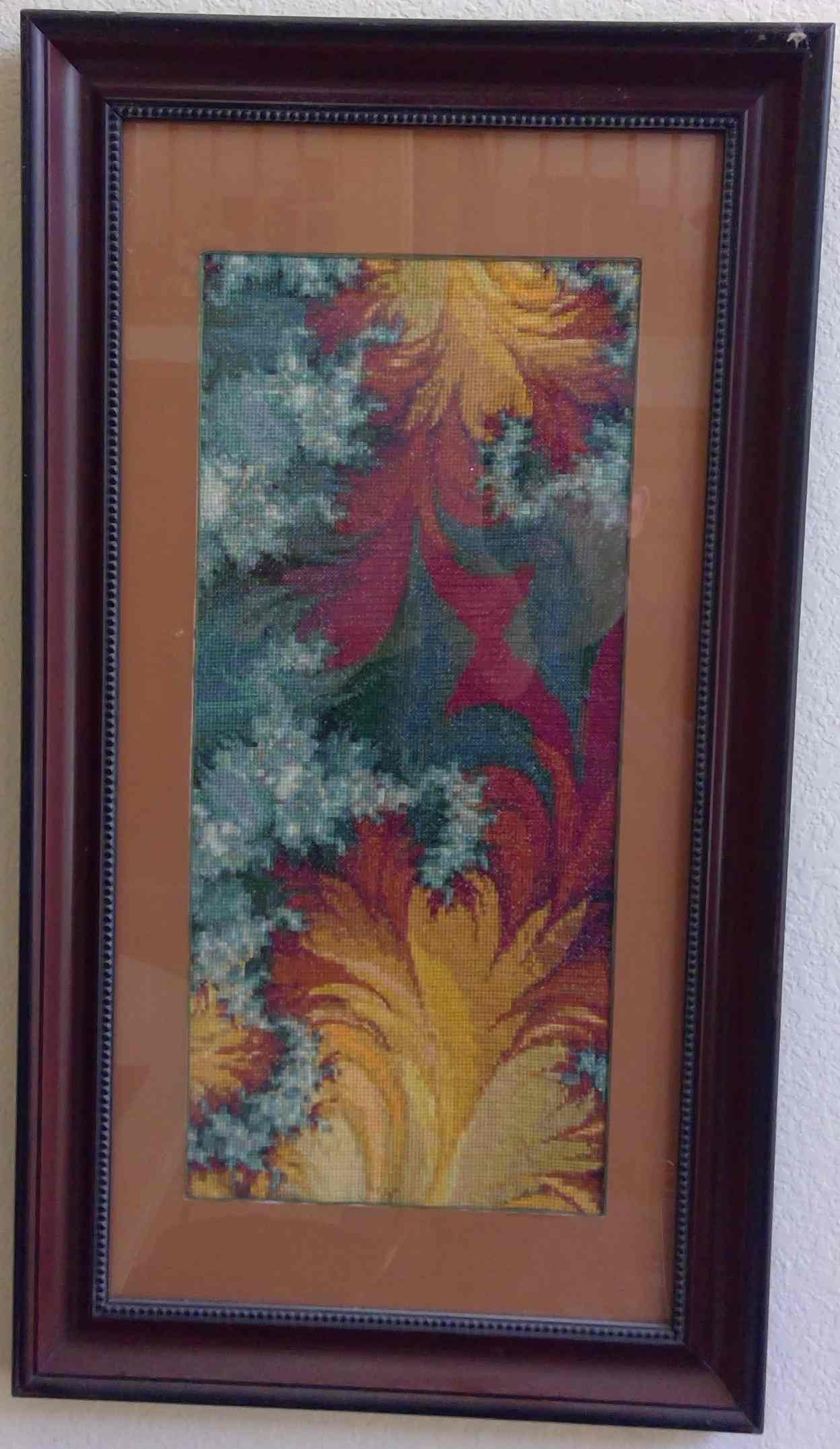 Framed Vintage Needlepoint Textile Art – Hand-Stitched Botanical Tapestry with Ornate Foliage Design Image