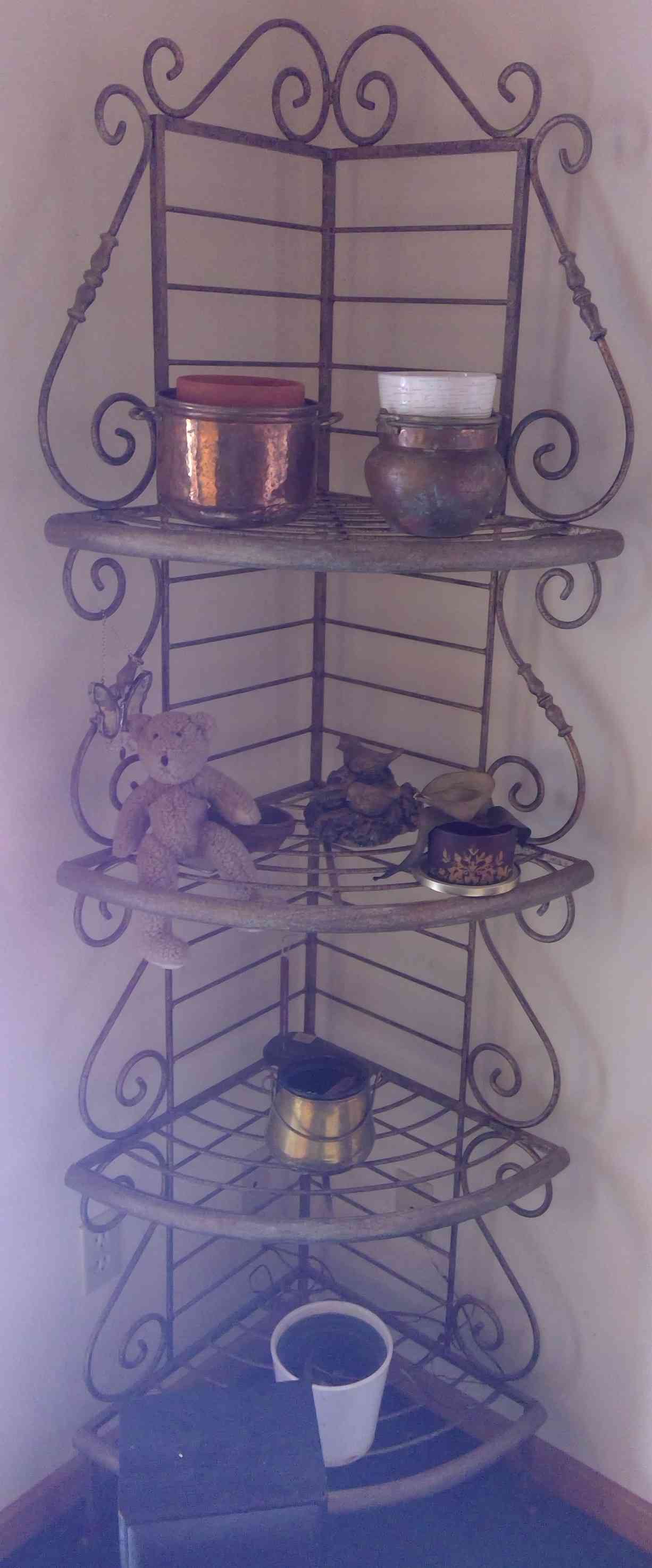 Vintage Wrought Iron Corner Shelf – 4-Tier Scrollwork Baker’s Rack (Rack only) Image