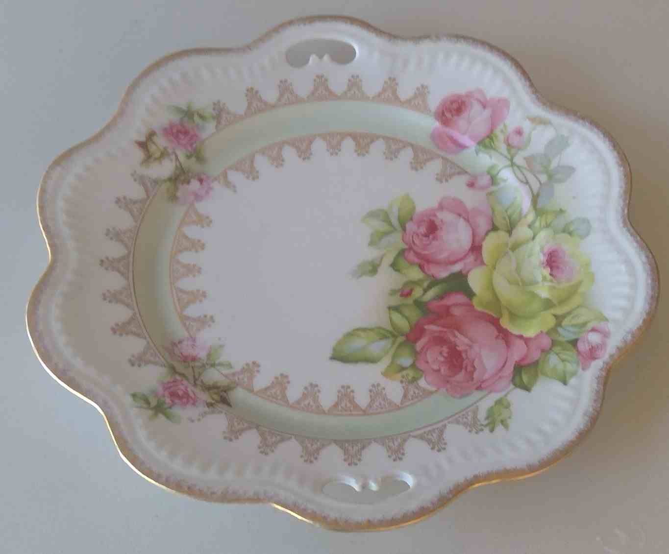 Vintage German Porcelain Decorative Plate – Scalloped Edge with Pink & Yellow Roses Image