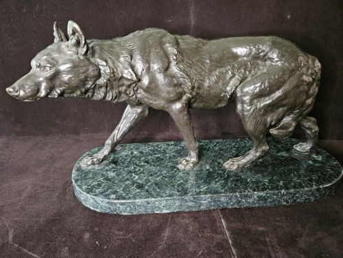 Charles Valton “Wolf on the Trail” Bronze Sculpture on Marble Base Image