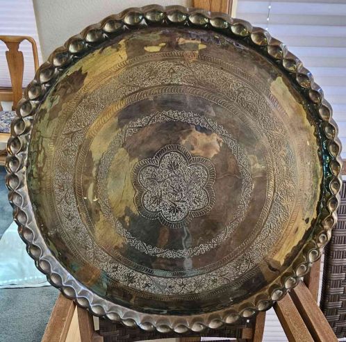 Antique Etched Brass Serving Tray – Vintage Middle Eastern Decorative Tabletop or Wall Art Image