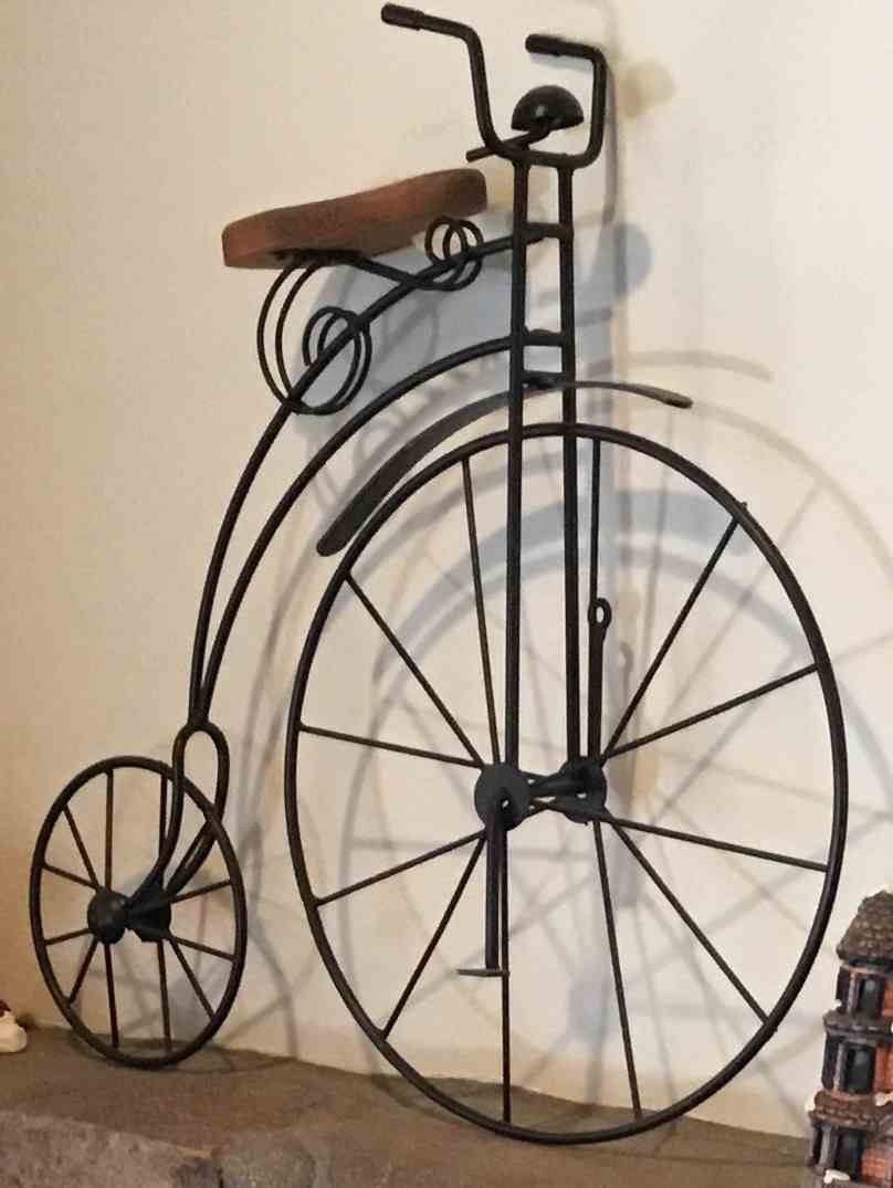 Vintage Penny Farthing Bicycle Sculpture – Large Metal Wall or Floor Art with Wood Seat, Industrial Farmhouse Décor Image