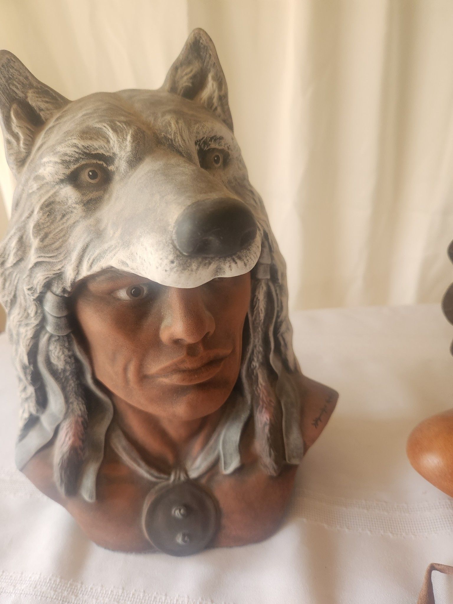 Vintage Native American Wolf Headdress Ceramic Figure Image