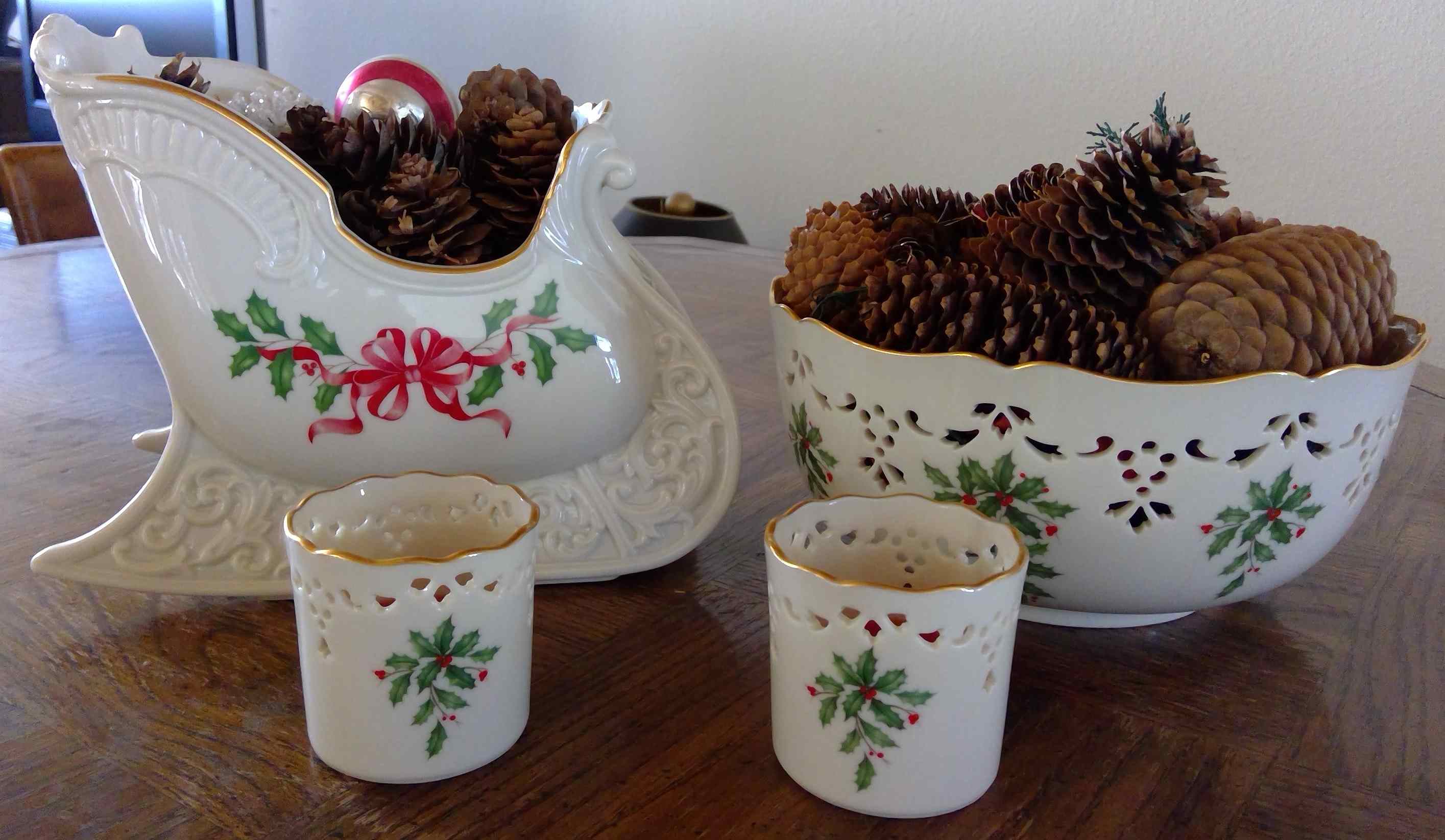 Vintage Lenox Holiday Porcelain Sleigh & Candle Holder Set – Holly Berry Design – Made in USA Image