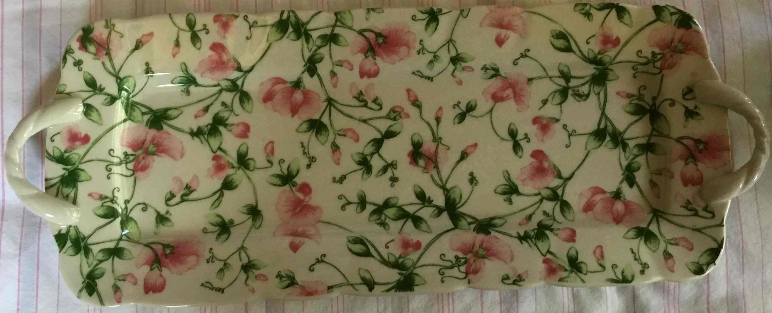 Harry & David Rectangular Tray Platter SWEET PEA Pink Flowers Scallops Handles Image