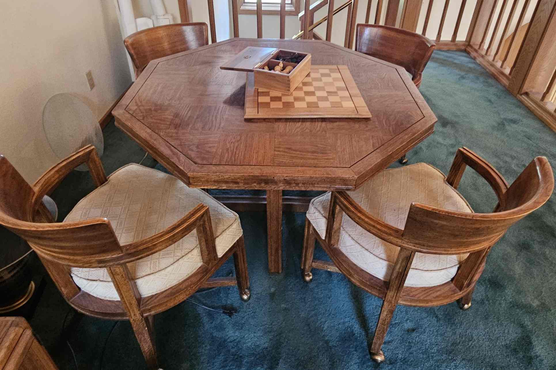 Vintage Octagon Wood Game Table with 4 Swivel Rolling Chairs – Estate Find Image