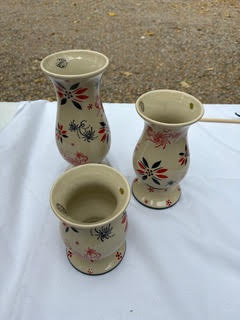 Set of Three Red White and Blue Vases Handpainted Image