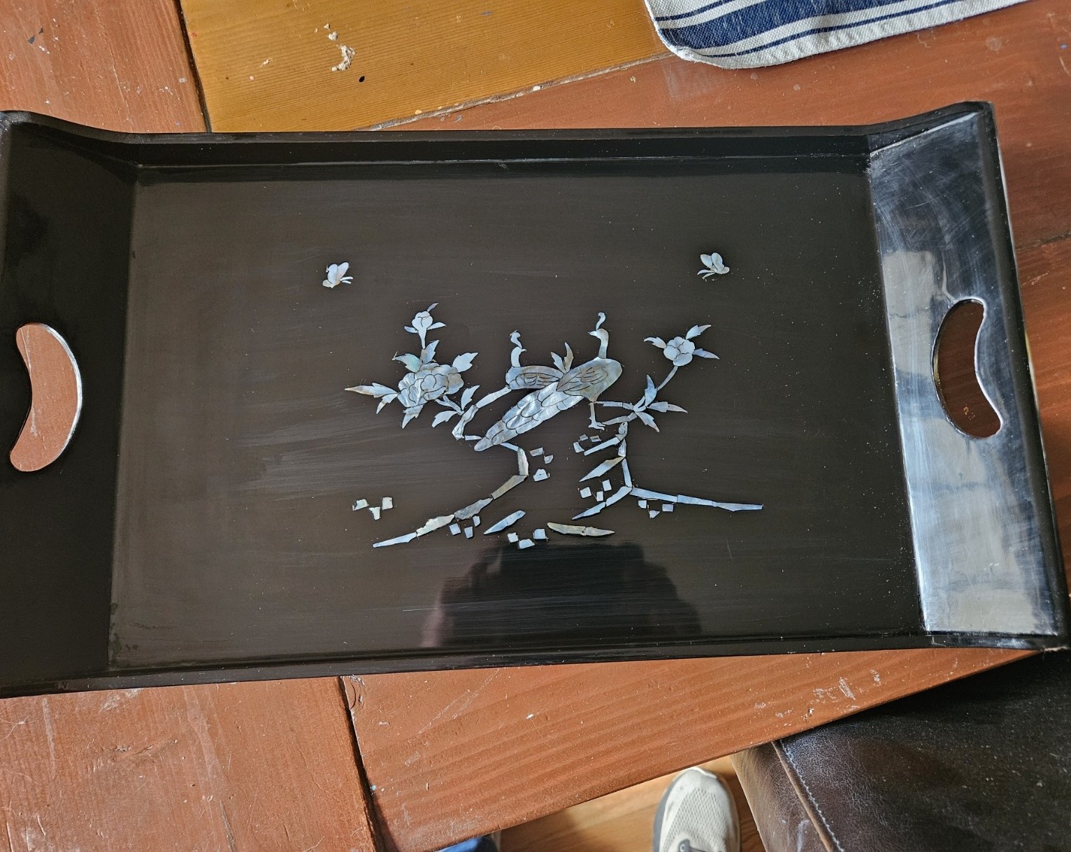 Vintage Chinese Black Lacquer Serving Tray with Mother of Pearl Bird and Floral Inlay Image